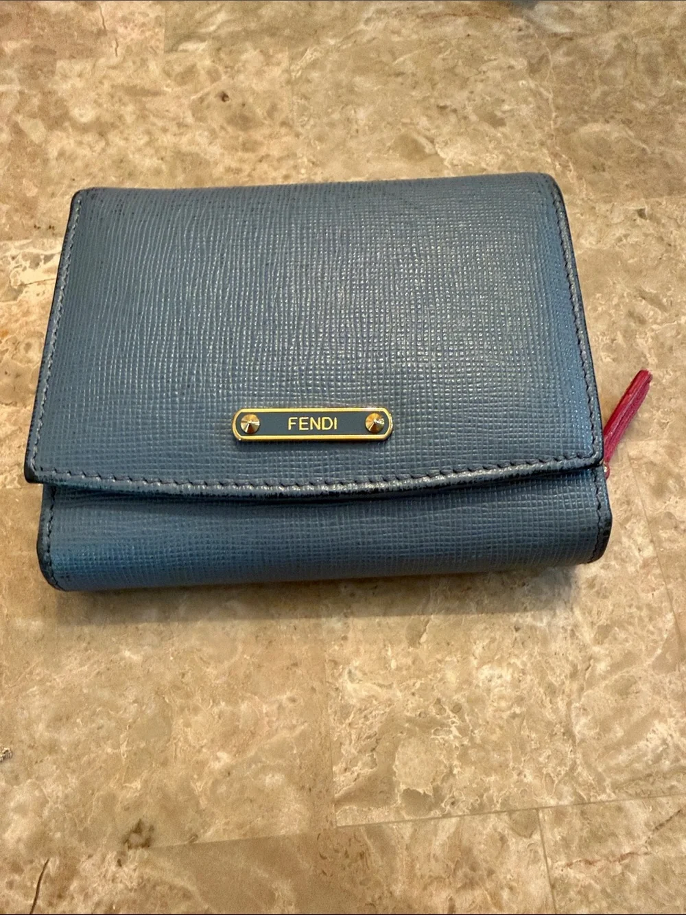 Fendi Authentic Textured Navy Leather Trifold Wallet with Gold Logo Plate - Picture 4 of 17